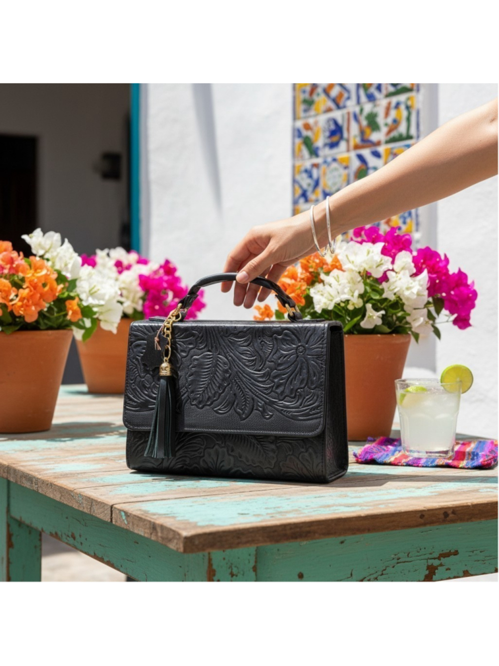 Black Floral Embossed Tooled Artisan LEATHER Crossbody Handbag Purse Bag